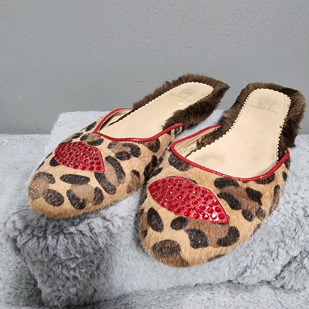 Rara Avis Leopard Print‎ Red Rhinestone Lips Faux Fur Mule by Iris Apfel Size 8W